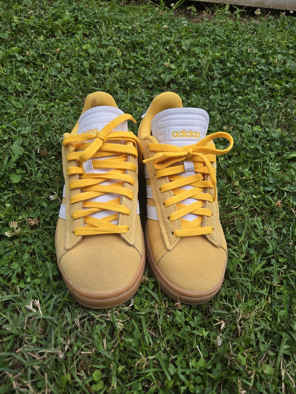 Adidas Yellow Suede Sneakers with White Stripes